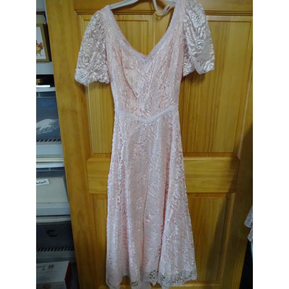 Vtg 80s Powder Pink Lace over satin Evening Wedding Prom Dress UNION Made 7/8‎